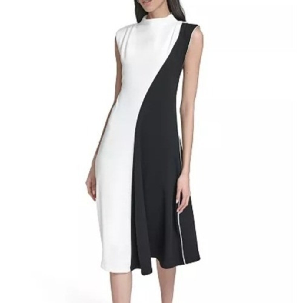 Calvin Klein Colorblock Mock Neck Midi Sleeveless A Line Dress Womens Size 6 NWT